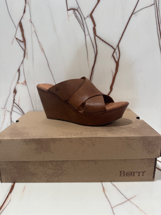 Born Shoes - Born Nikki Brown Leather Cross-Strap Wedge Sandal, size 10